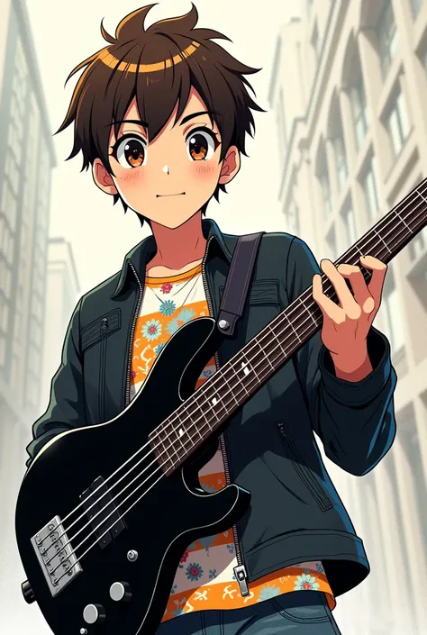 A teenage boy with brown side part hair and freckles and black jacket with colorful shirt and make him hold a black bass guitar  then make it as anime