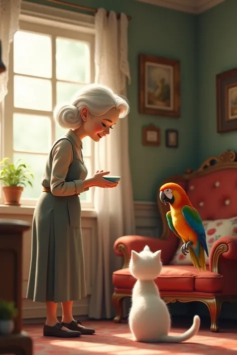 An elderly woman with white hair and a warm smile standing behind a white cat near a window. She holds a small bowl of milk while watching the cat and parrot interact. The room is decorated with vintage furniture and soft lighting, creating a nostalgic atm...