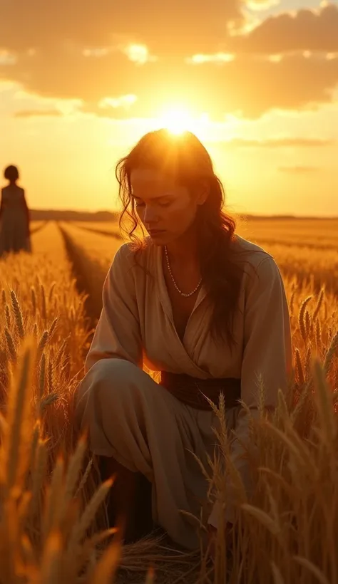 A larger-than-life, dramatic cinematic scene depicting Ruth, the Moabite woman known for her extraordinary loyalty to her mother-in-law, Naomi. The setting is a serene, golden barley field during harvest, with endless rows of grain stretching to the horizo...