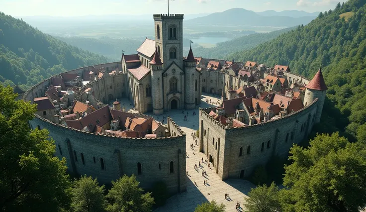  view from above ,  a large stone city , medieval type ,  it is surrounded by a large stone wall.  High-rise houses stand inside , in the center,  there is a high church , People walk, there is a forest around, clear weather