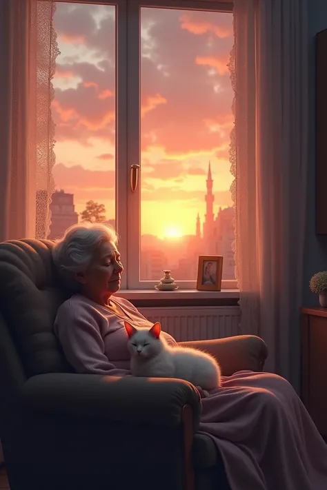 A white cat curled up asleep beside an elderly woman in a cozy living room. The window shows a beautiful sunset with warm orange and pink hues, casting a gentle glow across the room. The scene feels peaceful and comforting.