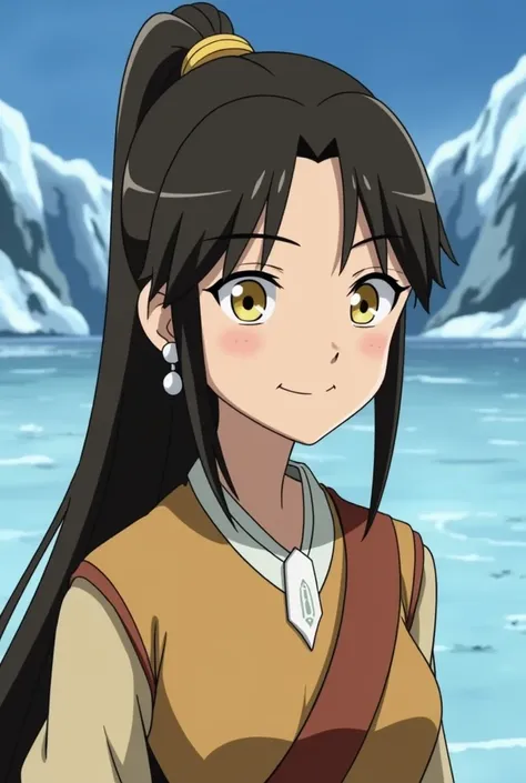 Avatar: The Last Airbender anime panel. Screenshot from the anime Avatar: The Last Airbender. of a  girl with long, dark brown, straight hair with a straight ponytail. Straight bangs with a part in the middle. Yellow eyes, dressed in elegant and detailed r...