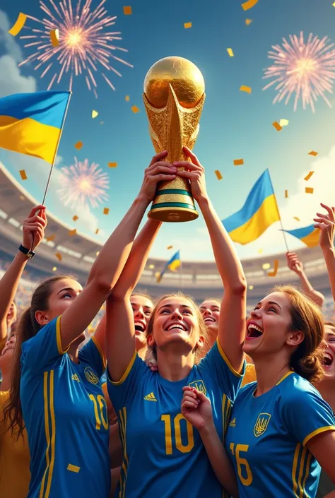  A vibrant image and Celebration of a group of women soccer players from the Ukrainian national team,  lifting the Womens World Cup trophy .  They are in a stadium full of fans ,  with Ukrainian flags waving in the stands and fireworks lighting up the sky ...