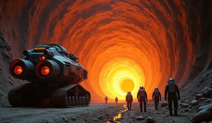 An intense, dramatic scene of a futuristic mission into the core of the Earth, featuring a glowing molten core at the center, surrounded by rocky and volcanic tunnels. A team of astronauts in high-tech suits explores the depths, with scientific equipment a...