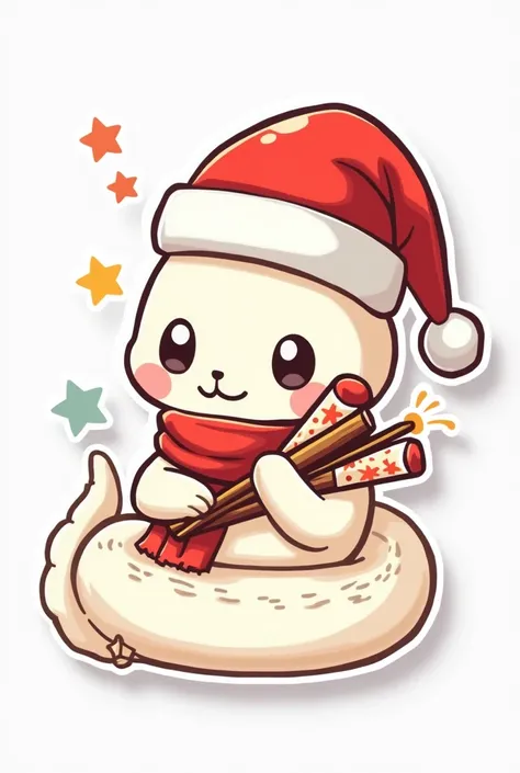 Cute cartoon japanese kawaii White snake, Sticker style, wear red santa hat, wear Chrimtsmas scarf, Hold fireworks