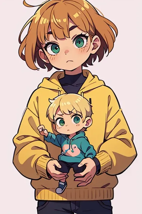 Make a cute blond boy with green eyes and fair skin ,  dressed in a pastel-colored sweatshirt coat and that is chibi kawai style. Short hair, meio bagunçado. A franja separada, garoto.