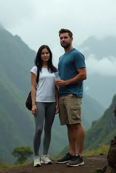 Caucasian White couple: The man is age 34, solid, short dark hair, and very tall - 65", shaven, stubble, wearing khaki cargo shorts and blue T-shirt, and he is holding a water bottle and standing beside the girl. The girl is also white and very young, only...