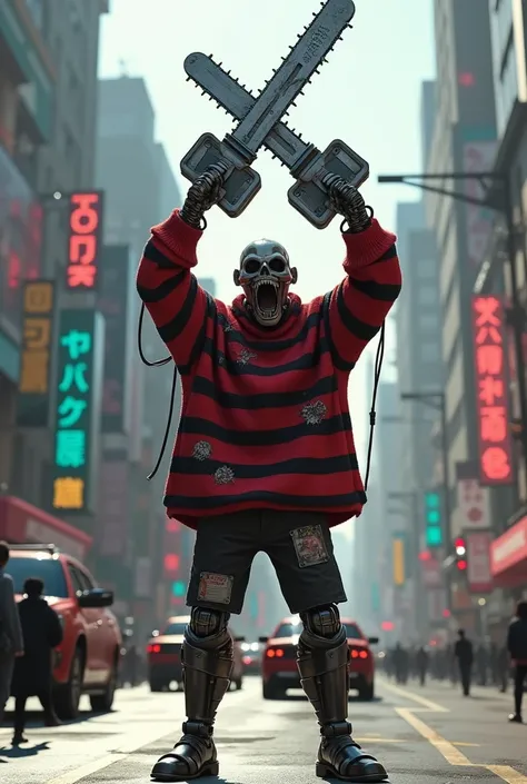 A cyberpunk 2077 character a mostly robotic humanoid figure wearing an oversized loose red and black striped sweater with holes in it and nothing else, holding a sword chainsaw over his head while screaming in a busy street in Night City during the day