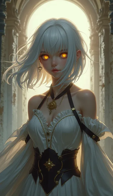 portrait,  long hair, White hair,  golden eyes ,  1 Girl, head, Face,  Magical Girl ,  Ridiculous Results , masterpiece,  is the best quality,  Magical Girl  costume, (( Magical Girl )), Short hair, desolate, ruins,  dynamic posture,  Apocalypse , Spellcas...