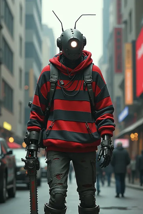 A cyberpunk 2077 character a mostly robotic humanoid figure with a single large glowing eye wearing an oversized loose red and black striped sweater with holes in it and nothing else, holding a sword chainsaw over his head while screaming in a busy street ...