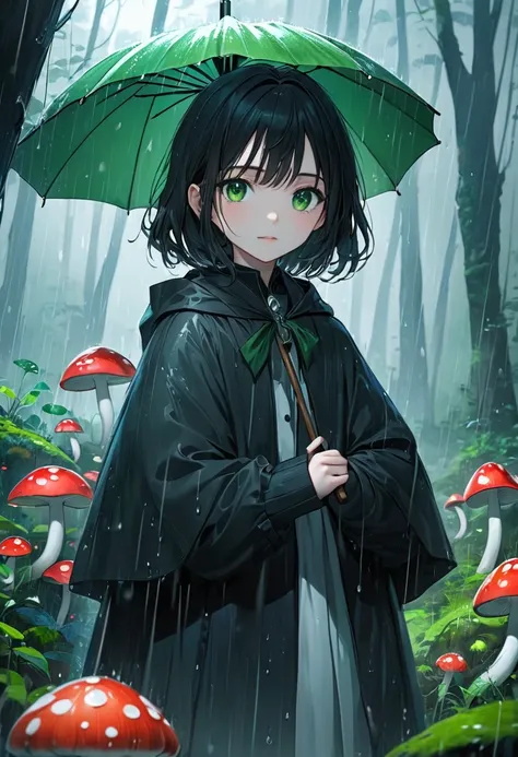 detailed, 8K, Movie angle, in the rain、A fairy (A (severus snapes daughter:((11years old)) european girl,black hair, green eyes)  holding a mushroom umbrella stands in the forest。. 