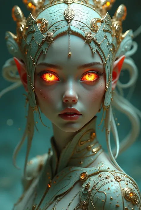 The goddess, Fortuna, head to breast, glowing eyes, silicone cybernetics. High Resolution, Masterpiece, Award Winning, Best Quality, High Details, High Quality, UHD, Optical Illusion, Impressionism, Art Deco, Cinematic, Cinematography, Futurism, Hyperreali...