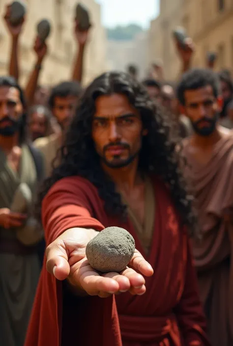 POV view ,1 man is right hand hold stone only , Front view, 1man  and woman , Maria Magdalena looking man hand, Jewish woman , long curl black hair, cotton ancient red wear, in Jerusalem street , around many people hand hold stone   (photographic, super hi...