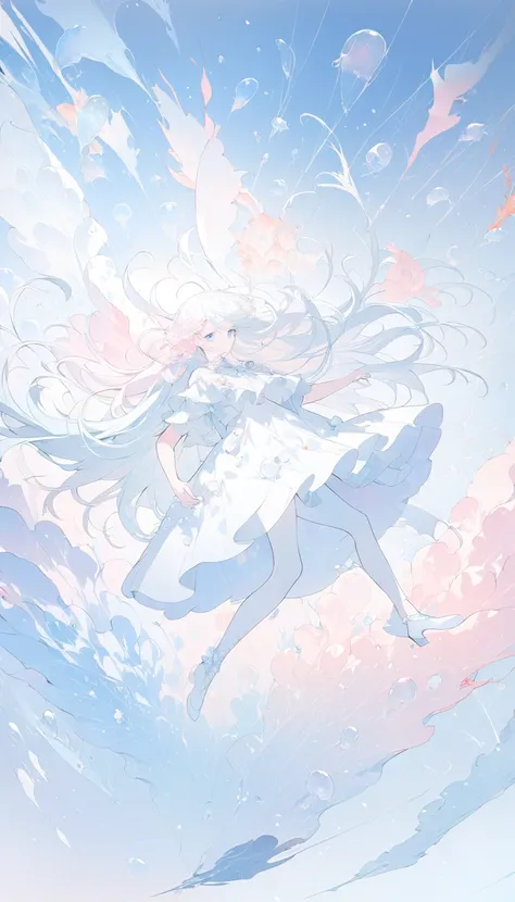 Combat Action，Breaking news ，floating，Soar through the sky ， long hair， full body portrait，(  soft color  ), (  soft color  ), ( High-quality rendering ),  Light Blue Moon Jellyfish Personification,  beautiful  , pearl,  white theme  , ((illustration))，col...