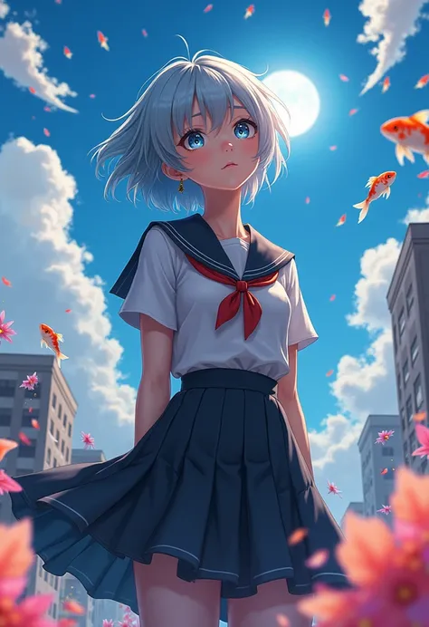 (female(student, ********** JK, short silver floating hair, cosmic colored eyes, black color uniform of school, pale skin, tired face with no shine in the eyes) is looking up at the sky), (so many goldfish are swimming in the air), beautiful sky, beautiful...