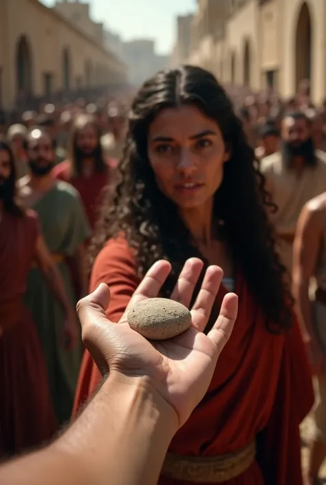 POV view ,1 man is right hand hold stone only , Front view, 1man  and woman , Maria Magdalena looking man hand, Jewish woman , long curl black hair, cotton ancient red wear, in Jerusalem street , around many people hand hold stone   (photographic, super hi...