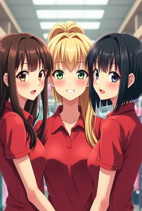 A close view of 3 young anime women standing in a store, first with long brunette hair and brown eyes, second with long blonde hair with ponytail and green eyes, third with short black bob hair and black eyes, wearing red skinny polo shirt with short sleev...