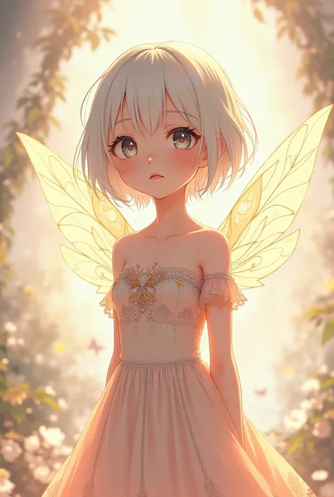 A girl with short white hair who is anime with white skin and gold clothes like a fairy that is more like an anime drawing play it to be more like a drawing but with fairy clothes 