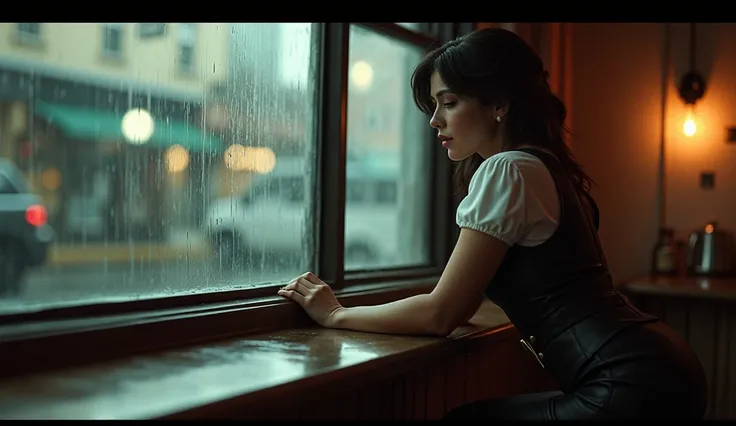 A soft, introspective moment where a sexy and big breast waitress leans on the counter, gazing out the window at the rain-soaked street, lost in thought