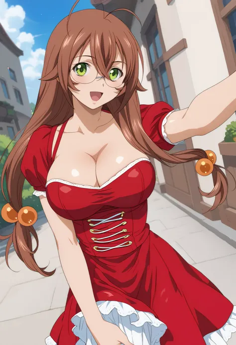 score_9, score_8_up, score_7_up, source_anime, 1girl, solo, outdoors, Ryuubipony, long hair, brown hair, green eyes, hair between eyes, hair bobbles, glasses, red dress, cleavage, large breasts, sexy, glamor, anime screencap, dutch angle, smile, looking at...