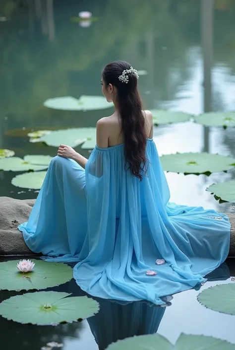  has a blue dress , 16 Long Legs, A woman sits on a rock in the water, Standing gracefully on the lotus,  Fantastic Beauty, Wearing blue cheongsam, court,  girl in Hanfu, Wearing blue cheongsam, Full of fairy-like atmosphere, In the pond,  white Hanfu,  A ...