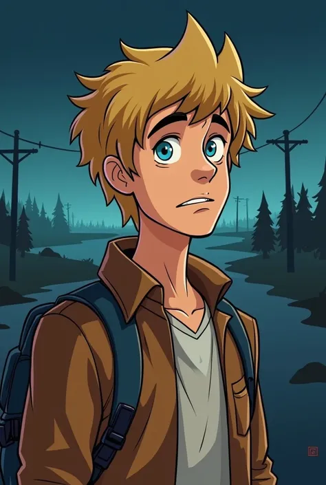 Scooby doo type drawing, hero flash, hetero, sem beard, blonde hair, intellectual style , eyes blue, Messy hair, normal chin, night landscape