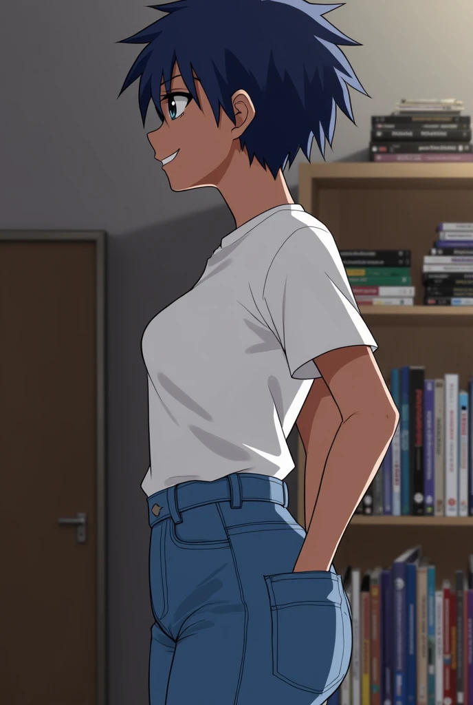  is the best quality, 1 Girl, (( watching the audience)), Dark blue hair, black eyes,   very short hair  ,  spiky hair , Ahog, t-shirt, High waist jeans, 171cm,  messy hair,  hair between eyes ,  medium breasts, Big breasts, full,  dark skin , Tomboy, aldu...