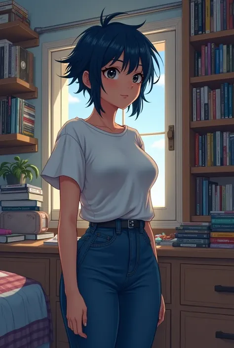  is the best quality, 1 Girl, (( watching the audience)), Dark blue hair, black eyes,   very short hair  ,  spiky hair , Ahog, t-shirt, High waist jeans, 171cm,  messy hair,  hair between eyes ,  medium breasts, Big breasts, full,  dark skin , Tomboy, aldu...