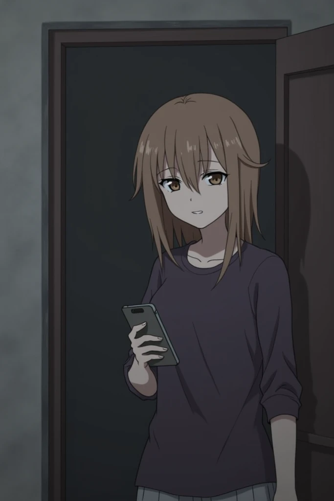 Sue’s Fake Apology
Description: Sue stands outside NoeNoe’s door, holding her phone. Her face shows fake remorse, but when NoeNoe looks away, Sue smirks subtly. The background is gray and dull, reflecting NoeNoe’s mood.