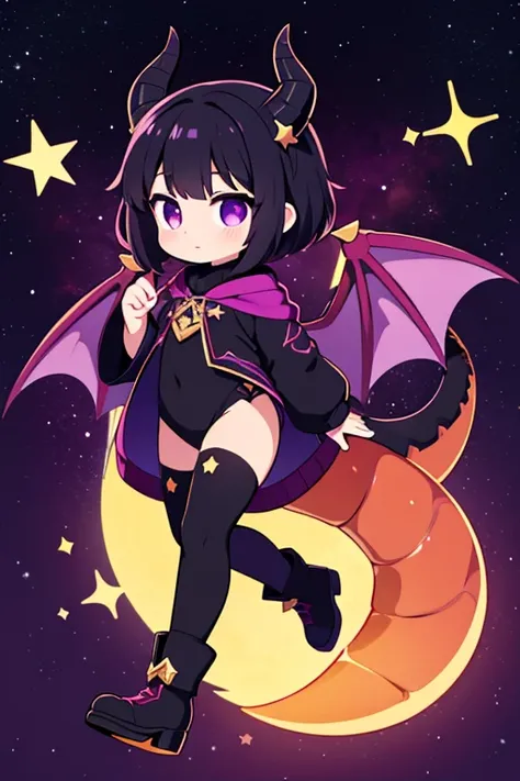 a dragon girl from the universe with short black starry hair with purple and black horns and a black tail with clothes with star details full body with black boots and a star at the tip with a dark purple sock