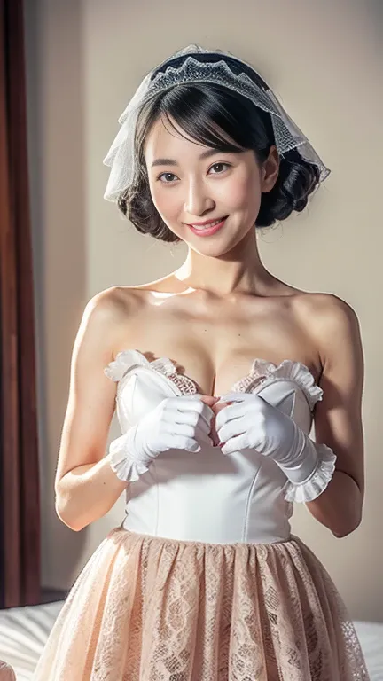 Masterpiece,Best quality, (maam. clerk:1), ((Portrait:1.3)), baby face,frilly dress, petticoat, long gloves, long veil, Triangle underwear, Smile，skin hyper-detail，Clear pores，in a panoramic view，Cocked buttocks，black lace stockings，Beautiful young Japanes...