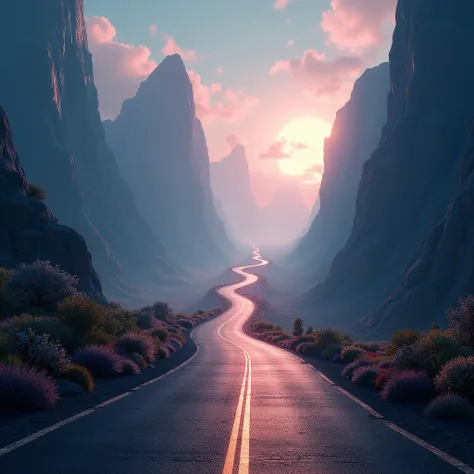 a surreal road leading to the horizon,an infinite road into the distance,a mysterious road through a fantasy landscape,a glowing road into an ethereal sky,a dramatic road winding through a mountainous dreamscape,a luminous road into an otherworldly realm,(...