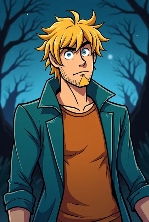 Scooby doo type drawing, ((hero flash)), hetero, sem beard, blonde hair, intellectual style , eyes blue, Messy hair, normal chin, night landscape