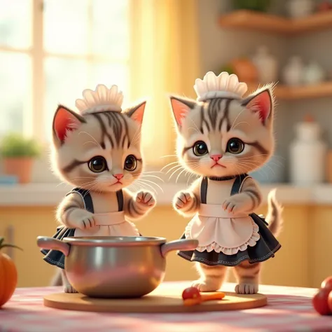   baby cat drawn in size 25   % Full screen   ,  Kitten in maid clothes,  kitten is wearing a short skirt ,   Baby cat wearing loose socks  ,  2 kittens 、Two animals are cooking、 bright kitchen、 A cute baby cat is standing on two back legs ,   baby cat wit...