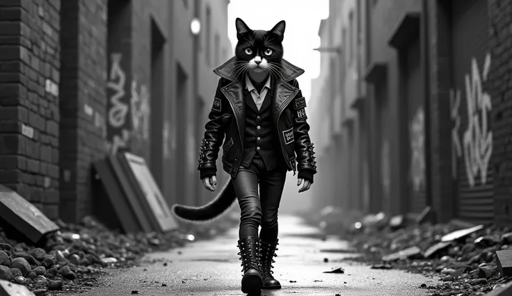 A black-and-white cat wearing a leather jacket covered in patches, skinny jeans, spiked boots, and bold eyeliner, strutting through an urban alleyway.