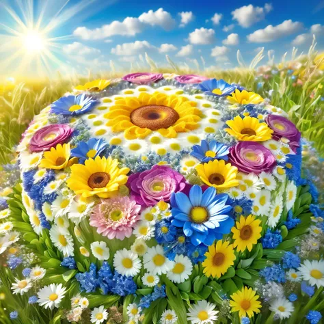  pam-flwr a birthday cake made of flowers,  in a meadow,Blue Sky and Sun  , bokeh,  very detailed  ,realistic,natural,  photography studio  ,  very detailed  ,dynamic,  cinematic  ,  masterpiece  ,intricate,HDR-10,Abstract fractal,   Romantic atmosphere  