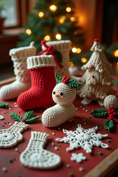 Create an image of Christmas crochet with the name of "Christmas by Hand " 