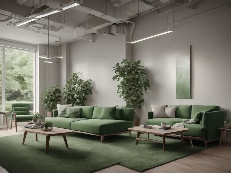 arafed office with a green couch and a green chair, in a open-space working space, lit up, elpis, high quality picture, looking partly to the left, a wide full shot, taken in 2022, snapshot, by Harold Elliott, by Will Ellis, high res photo, uplit, high qua...