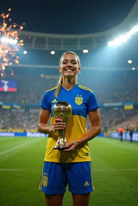  A beautiful woman with Ukrainian features ,Robust body with fair skin ,  intense eyes and blonde hair tied in a ponytail ,  stands in the center of the soccer stadium ,  celebrating her victory by winning the Ballon dOr .  She wears the uniform of the Ukr...