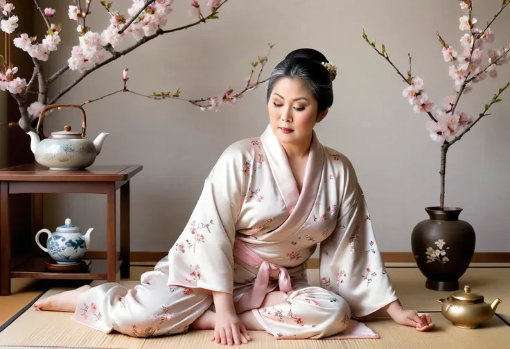 A serene thick chubby Japanese model in her 60s with a classic grey chignon kneels on a tatami mat beside a low wooden table. She is dressed in an ivory satin kimono-style pajama set with an unbuttoned top to expose her big breasts with delicate cherry blo...