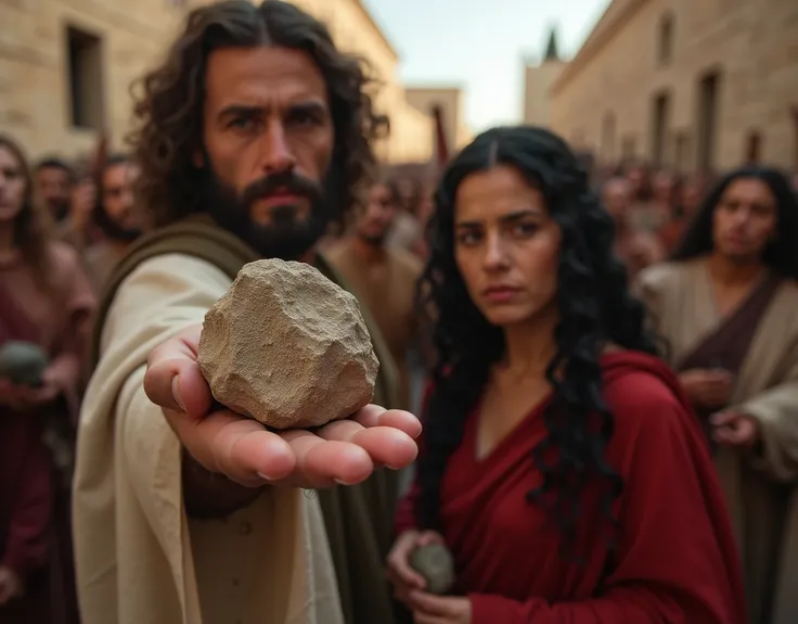 POV view ,1 man is right hand hold stone only , Front view, 1man  and woman , Maria Magdalena looking man hand, Jewish woman , long curl black hair, cotton ancient red wear, in Jerusalem street , around many people hand hold stone   (photographic, super hi...