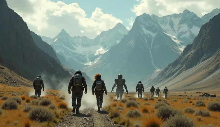 A tense, action-packed scene from a post-apocalyptic world in Colorado, featuring vast, stunning mountain landscapes. In the foreground, a group of survivors, including a man and a woman in high-tech survival suits, are fleeing from monstrous alien creatur...