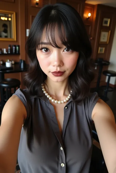 a girl taking a selfie with a short neck with a large breast .rostro:  She has an oval face with marked cheekbones .  Her eyes are big and an intense expression ,  framed by long eyelashes and eyeliner that highlights her shape . make-up:  She wears dark b...