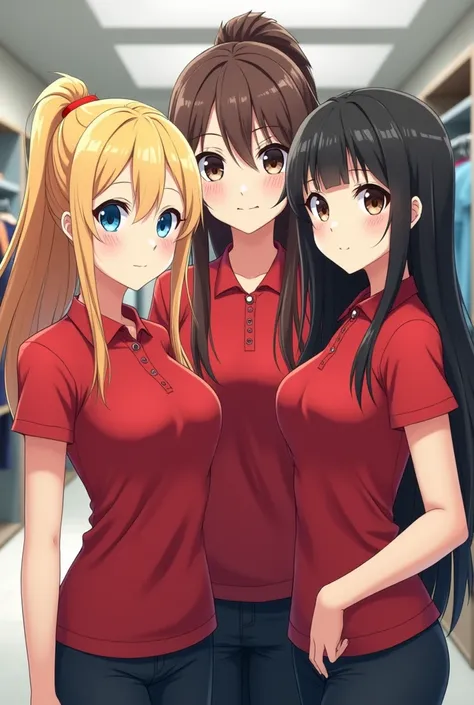 A close view of 3 young anime women standing in a store, first with long blonde hair with ponytail and blue eyes, second with long brunette hair and brown eyes, third with short black bob hair and black eyes, wearing red skinny polo shirt with short sleeve...