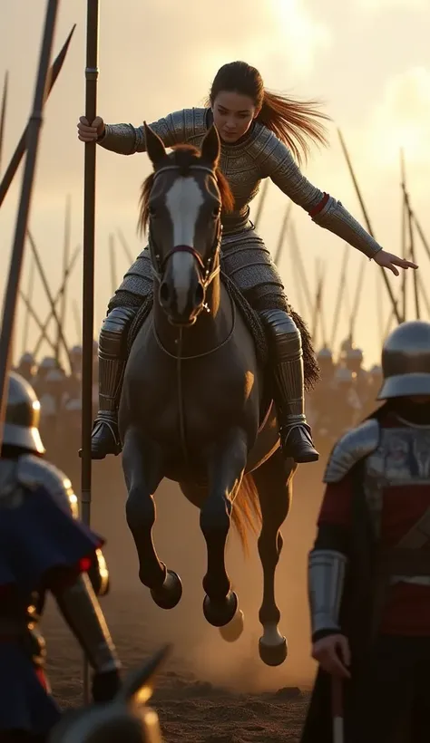 A female soldier on horseback vaulting over a line of soldiers with long spears pointed forward, highly detailed armor, dynamic action poses, epic war scenes, dramatic lighting, moody atmosphere, rich color palette, cinematic composition, photorealistic, U...