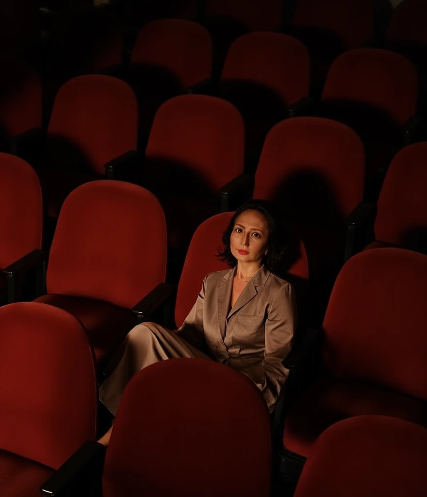  A woman with dark hair with an elongated square,  sitting alone in an empty theater ,  Surrounded by red velvet seats .  Her light silk pantsuit .  The cinema seems big , but deserted ,  when she sits among rows of armchairs ,  looking at the empty stage ...