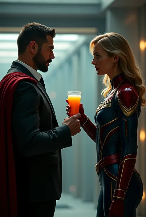 Captain Marvel held a glass of orange juice and gave it to Thor .   Modern spy style, with dark and realistic tones. 4k