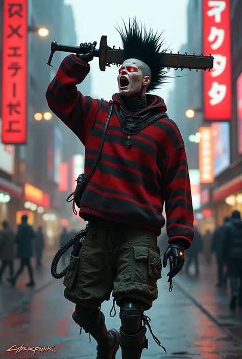 A cyberpunk 2077 character a partially human but mostly robotic humanoid figure with 6 glowing red eyes on his face and a black Mohawk wearing an oversized loose red and black striped sweater with holes in it and nothing else, holding a sword chainsaw over...