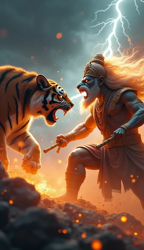 "Create a highly detailed image depicting a fierce tiger and the deity Ganesh in an intense face-off, both radiating anger and power. The tiger has sharp, glowing eyes, bared fangs, and a menacing posture, while Ganesh displays a divine yet furious express...