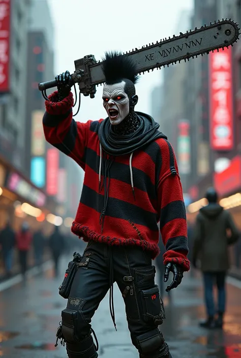 A cyberpunk 2077 character a partially human but mostly robotic humanoid figure with 6 glowing red eyes on his face and a black Mohawk wearing an oversized loose red and black striped sweater with holes in it and nothing else, holding a sword chainsaw over...